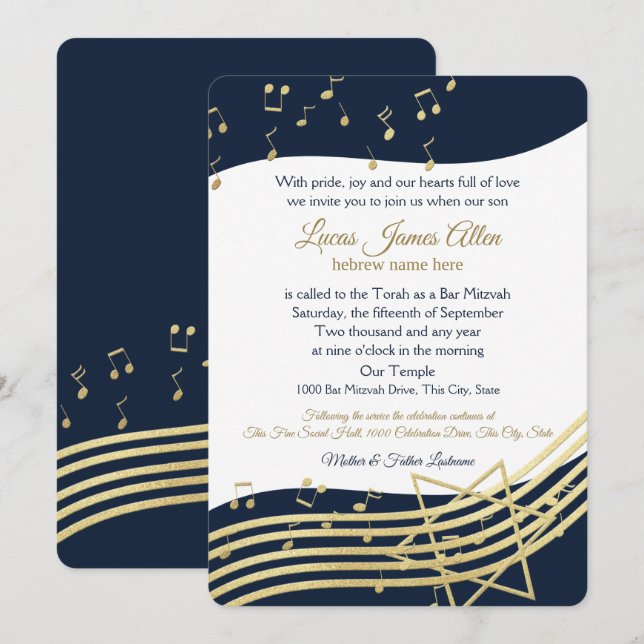 Music Bar Mitzvah Blue and Gold with Colour Change Invitation (Front/Back)