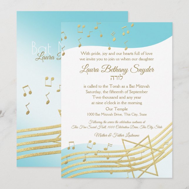 Music Bat Mitzvah Blue and Gold Invitation (Front/Back)