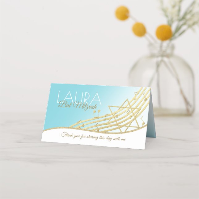 Music Bat Mitzvah Blue and Gold Seating Card (Back)
