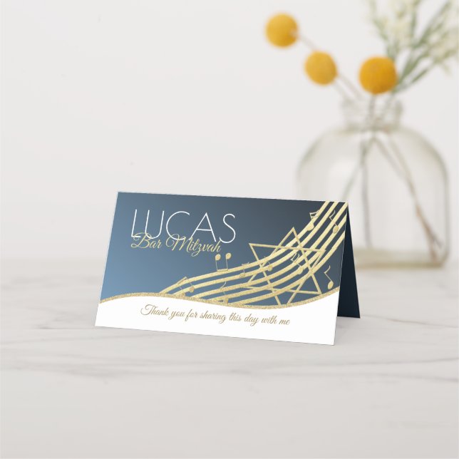 Music Bat Mitzvah Blue and Gold Seating Card (Back)