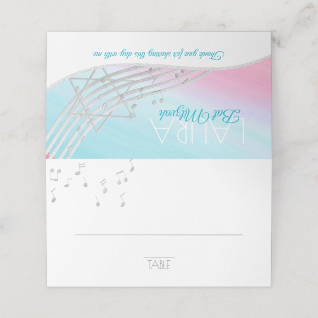 Music Bat Mitzvah Silver Music Notes Seating Card (Outside Unfolded)