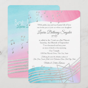 Music Bat Mitzvah Watercolor and Silver Invitation