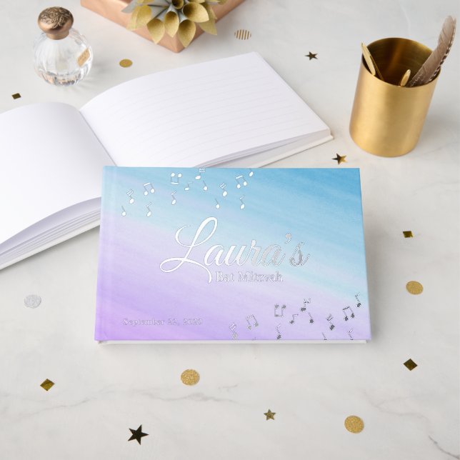 Music Bat Mitzvah Watercolor Foil Guestbook (Front Open)