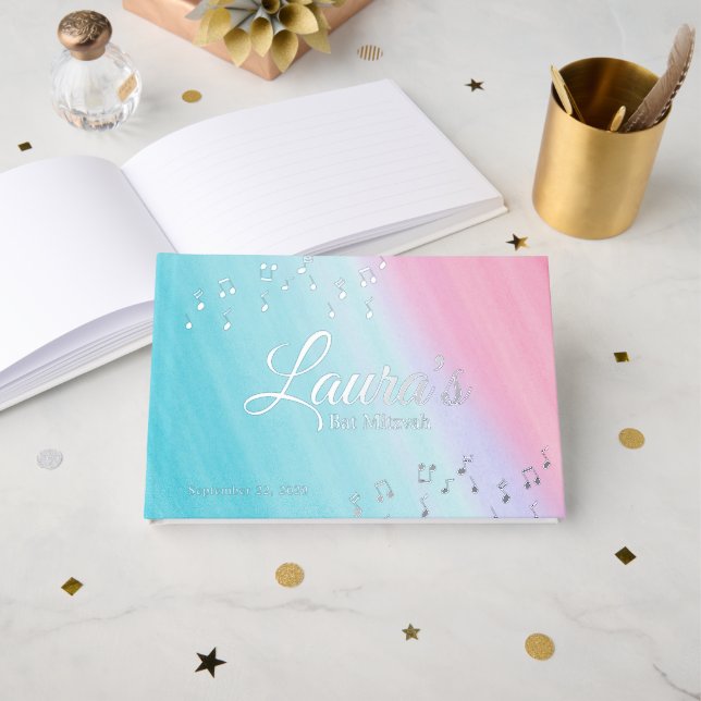 Music Bat Mitzvah Watercolor Foil Guestbook (Front Open)