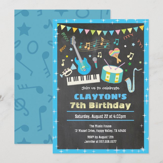 Music birthday invitation chalkboard boy (Front/Back)