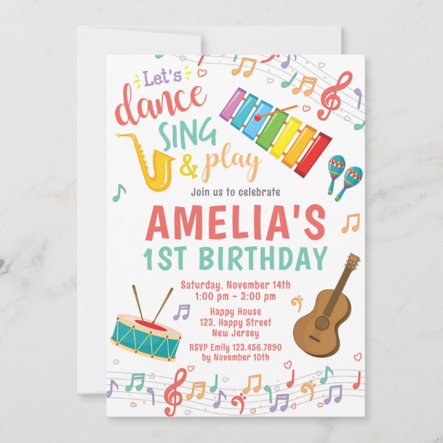 Music Birthday Invitation. Girl Birthday Invitation (Front)