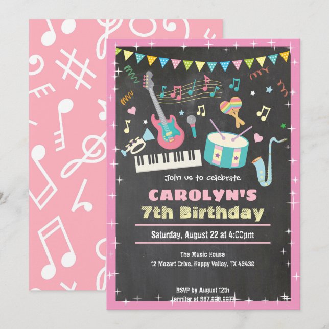 Music birthday invitation pink chalkboard girl (Front/Back)