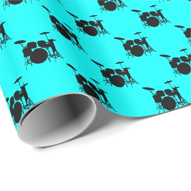Music Black Drum Set on Aqua Blue Wrapping Paper (Roll Corner)