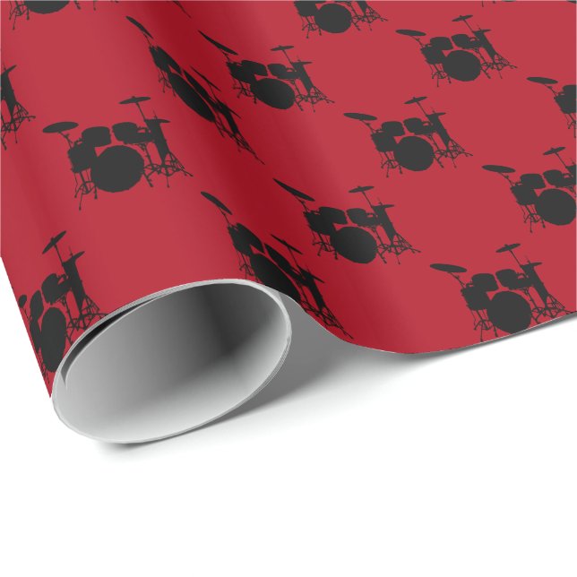 Music Black Drum Set on Dark Red Wrapping Paper (Roll Corner)