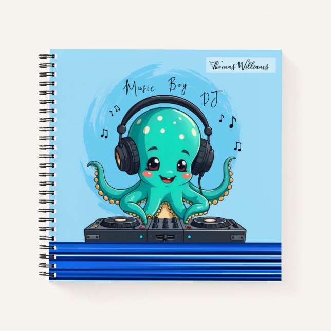 Music Boy, Happy Octopus DJ Party Notebook (Front)