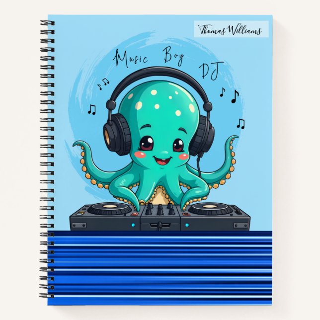 Music Boy, Happy Octopus DJ Party Notebook (Front)