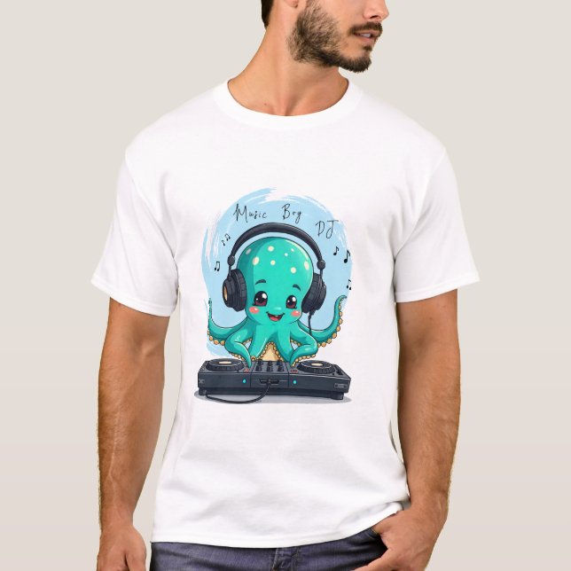 Music Boy, Happy Octopus DJ T-Shirt, Party T-Shirt (Front)