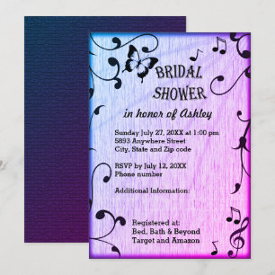 Music, Butterfly, Leaves Blue Purple Bridal Shower Invitation