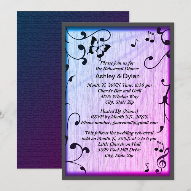 Music Butterfly Leaves Blue & Purple Wood Wedding Invitation (Front/Back)