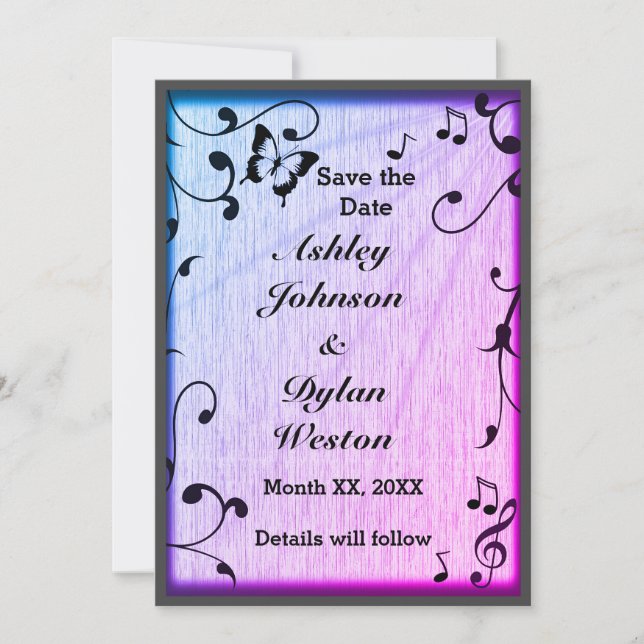 Music Butterfly Leaves Blue & Purple Wood Wedding Save The Date (Front)