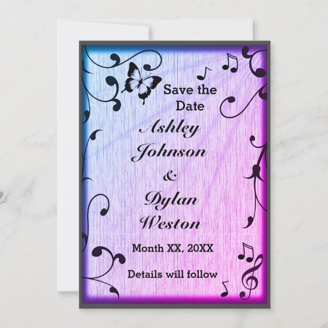 Music Butterfly Leaves Blue & Purple Wood Wedding Save The Date (Front)