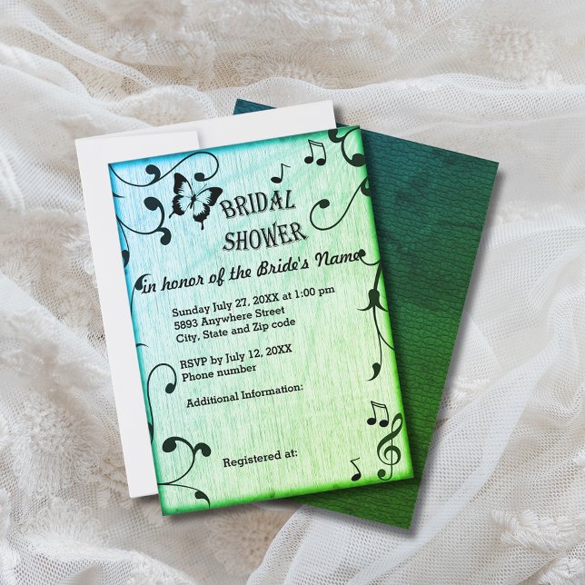 Music, Butterfly, Leaves, Green Bridal Shower Invitation (Music, Butterfly, Leaves, Green Bridal Shower Invitation)