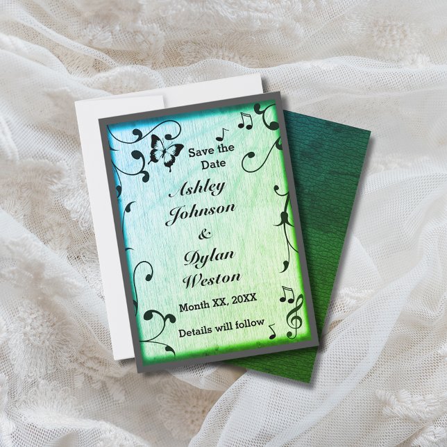 Music Butterfly Leaves Green Wood Wedding Save The Date (Music Butterfly Leaves Green Wood Wedding Save The Date)