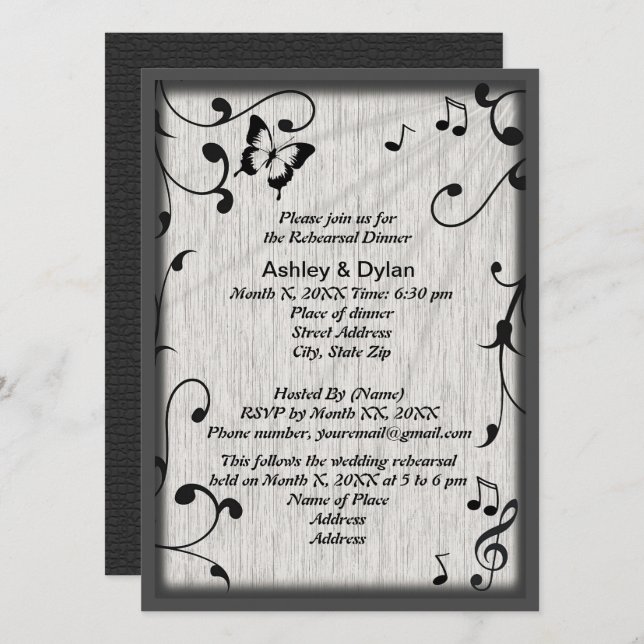 Music Butterfly Leaves Grey Black Rehearsal Dinner Invitation (Front/Back)
