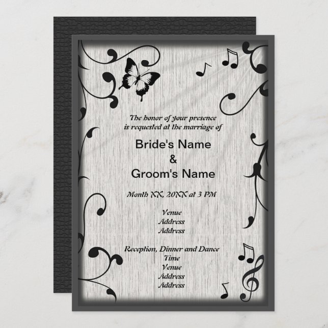Music Butterfly Leaves Grey & Black Wood Wedding Invitation (Front/Back)
