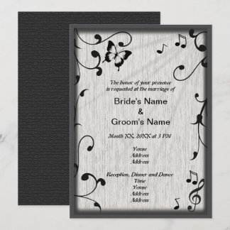 Music Butterfly Leaves Grey & Black Wood Wedding Invitation