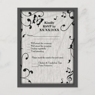 Music Butterfly Leaves Grey & Black Wood Wedding Invitation Postcard