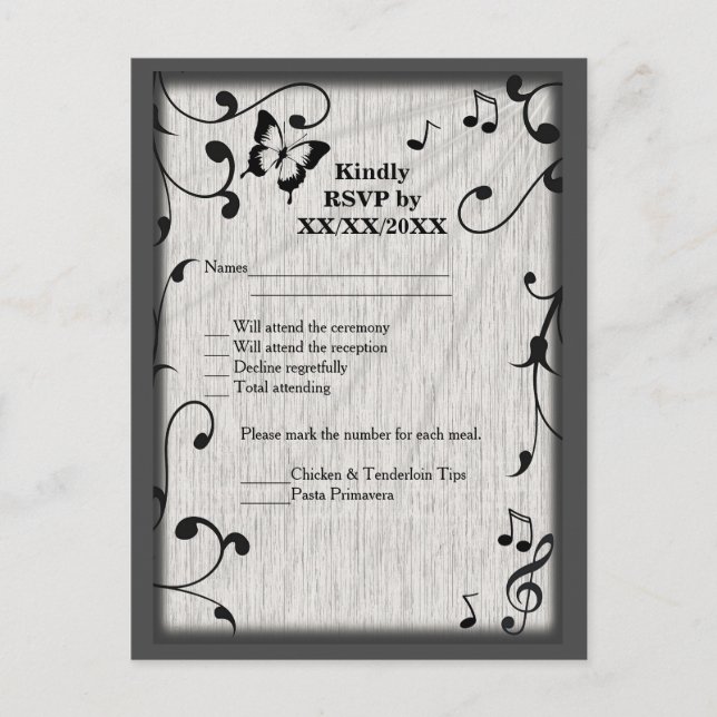 Music Butterfly Leaves Grey & Black Wood Wedding Invitation Postcard (Front)