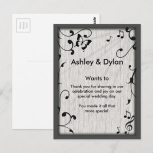 Music Butterfly Leaves Grey & Black Wood Wedding Postcard