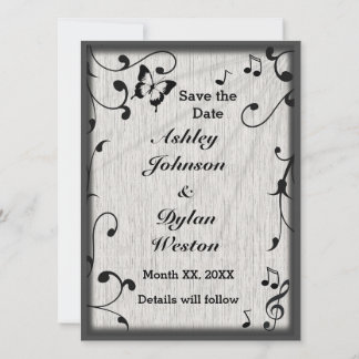 Music Butterfly Leaves Grey & Black Wood Wedding Save The Date