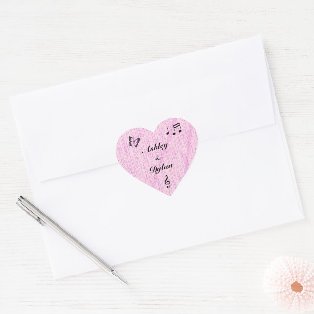 Music Butterfly Leaves Pink Purple Wood Wedding Heart Sticker (Envelope)