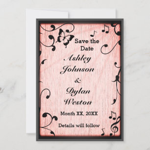 Music Butterfly Leaves Pink Rustic Wood Wedding Save The Date