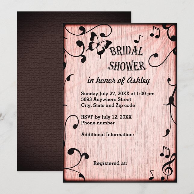 Music, Butterfly, Leaves Pink Wood Bridal Shower Invitation (Front/Back)