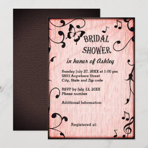 Music, Butterfly, Leaves Pink Wood Bridal Shower Invitation