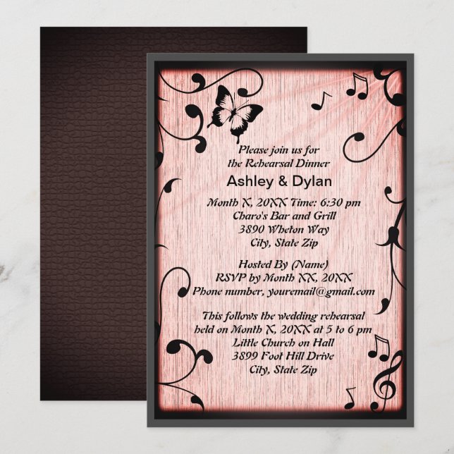 Music Butterfly Leaves Pink Wood Rehearsal Dinner Invitation (Front/Back)