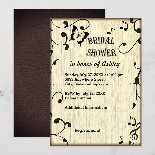 Music, Butterfly, Leaves Tan Wood Bridal Shower Invitation (Front/Back)