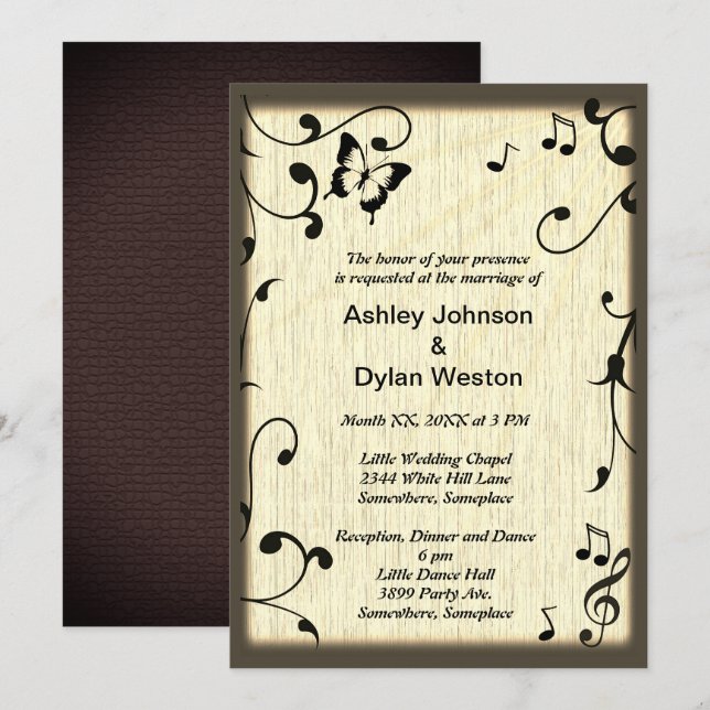 Music Butterfly Leaves Yellow Tan Wood Wedding Invitation (Front/Back)