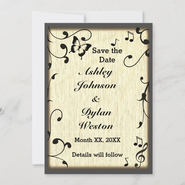 Music Butterfly Leaves Yellow Tan Wood Wedding Save The Date (Front)