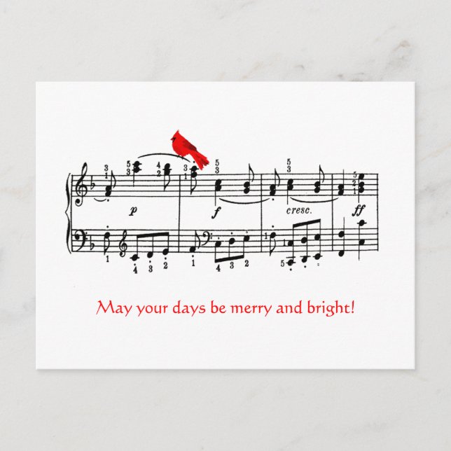Music & Cardinal Red Bird Christmas Postcard (Front)