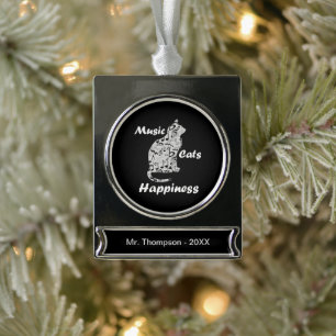 Music Cats Happiness - Musician Lover Quote Silver Plated Banner Ornament
