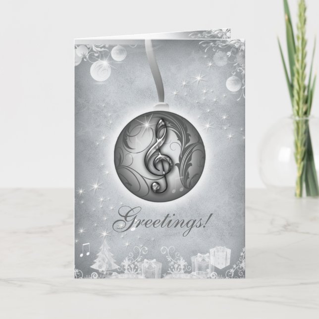 Music Christmas Card Silver Treble Clef (Front)