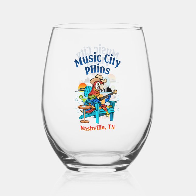 Music City Phins Stemless Wine Glass (Front)