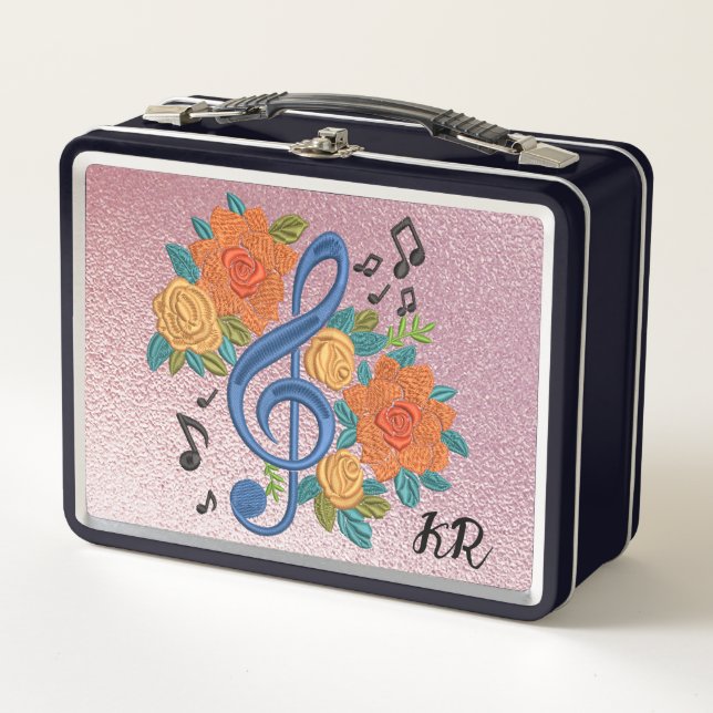 Music Clef Note Musical Floral Initials Metal Lunch Box (Front)