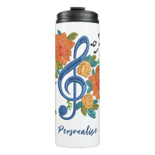 Music Clef Note Orange Flowers Musical Personalise Thermal Tumbler