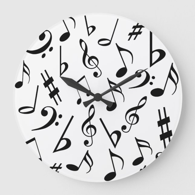 Music Clock Large | Black and White Musical Notes (Front)