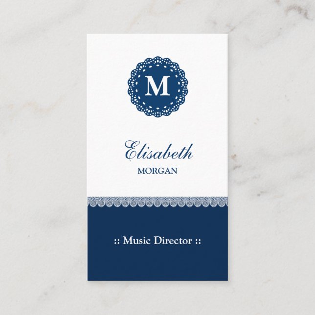 Music Director - Elegant Blue Lace Monogram Business Card (Front)