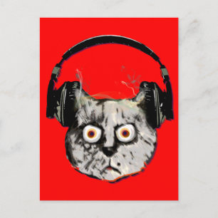 music dj cat with headphone postcard