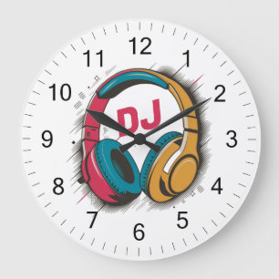 Music DJ colourful Headphones white Large Clock