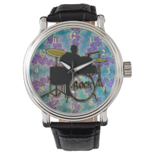 Music Drummer and Blue Green Fractal Star Watch