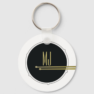 Music Drums Modern Black and White Monogrammed Key Ring