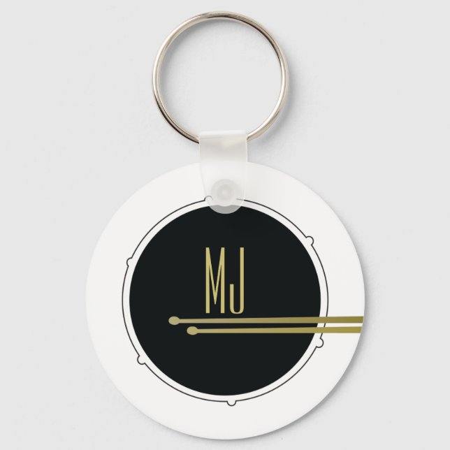 Music Drums Modern Black and White Monogrammed Key Ring (Front)